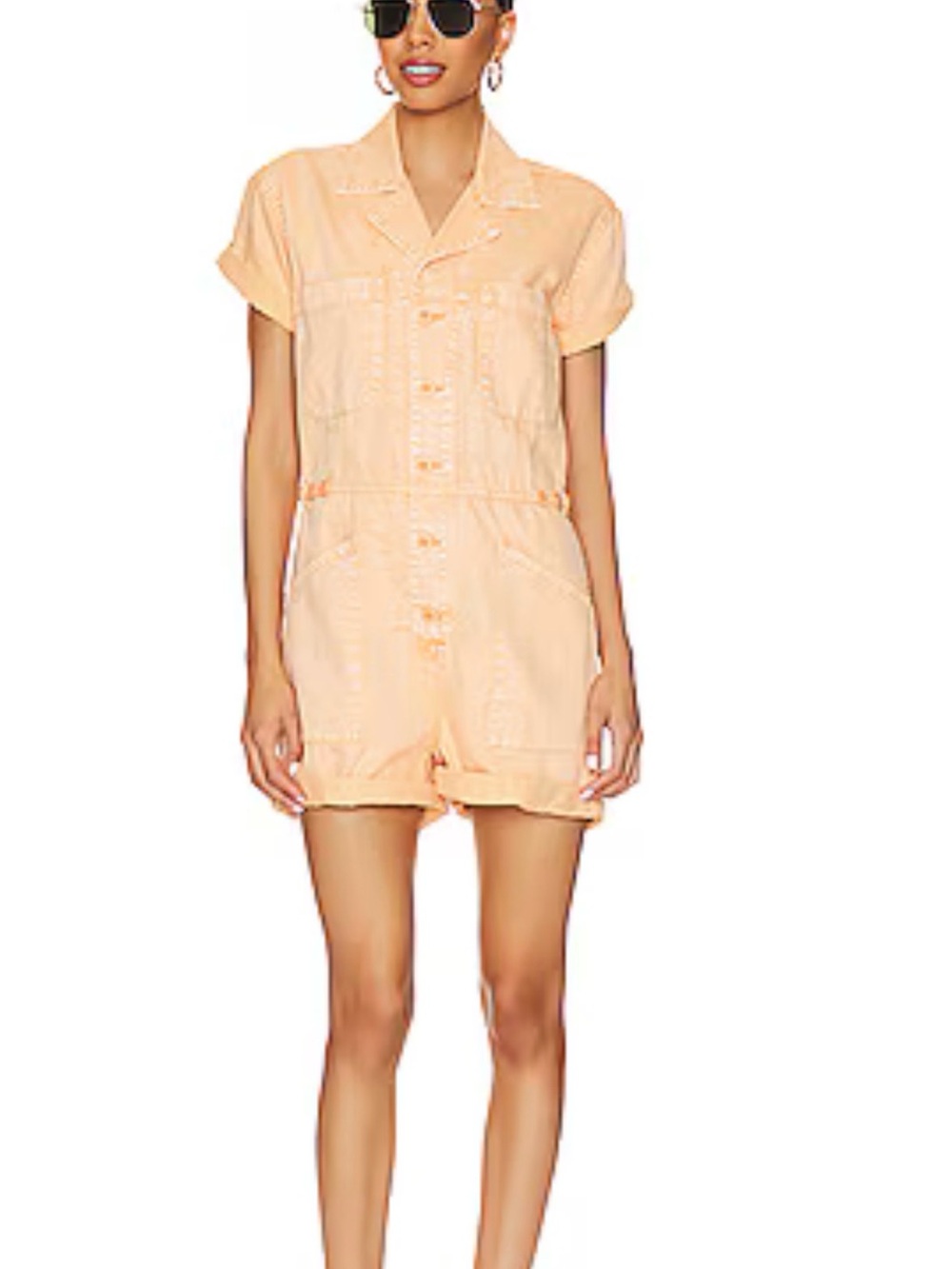 REVOLVE Pistola sold out Peach Short-Sleeve Denim Romper